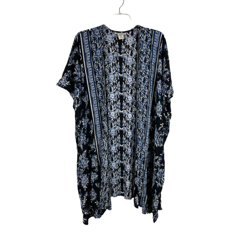 Romantic Gypsy kimono topper cardigan blue black Sz S rayon floral print coverup